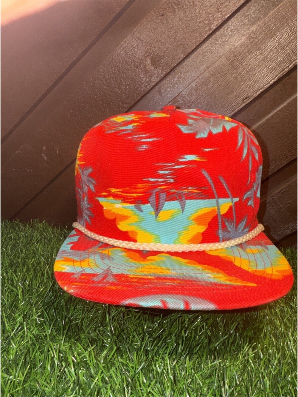 Vintage SAN SUN Floral Hat Cap Snap Back One Size Red Hawaiian Rope 90s